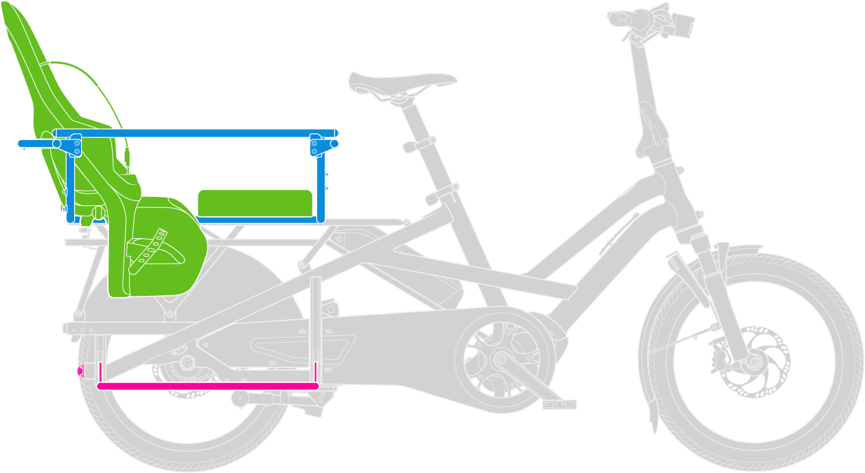GSD Gen 3 ebike with 1 child seat and 1 seat pad setup