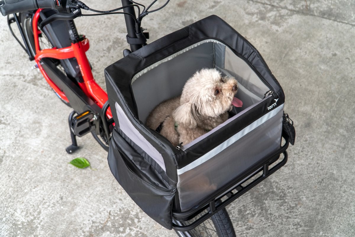 Small dog being carried in RuffHouse dog carrier on NBD eBike