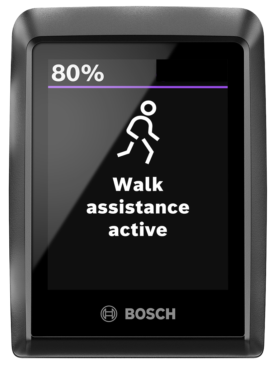 Bosch Smart System Kiox 300 color display showing the Walk Assistance function.