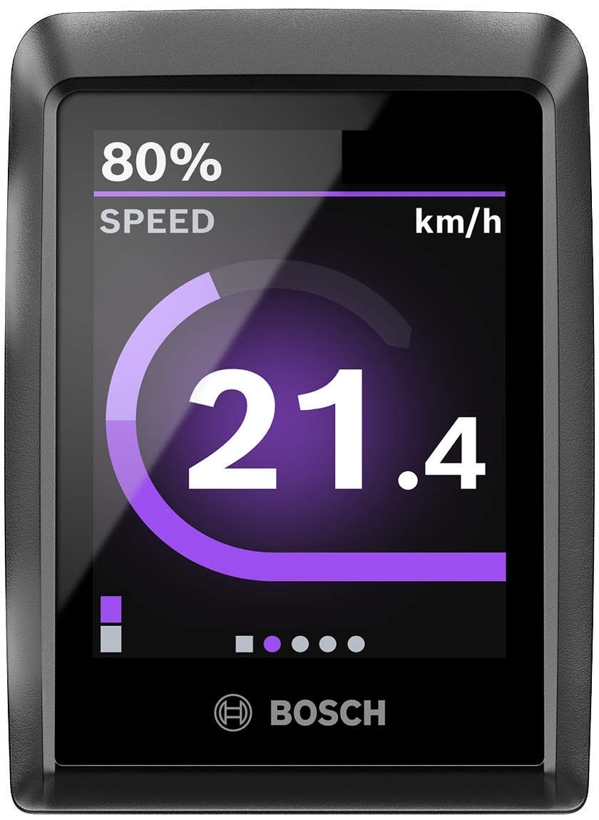 Kiox 300 display showing the current speed and dots at the bottom, indicating the number of screens that are visible when one toggles left or right.