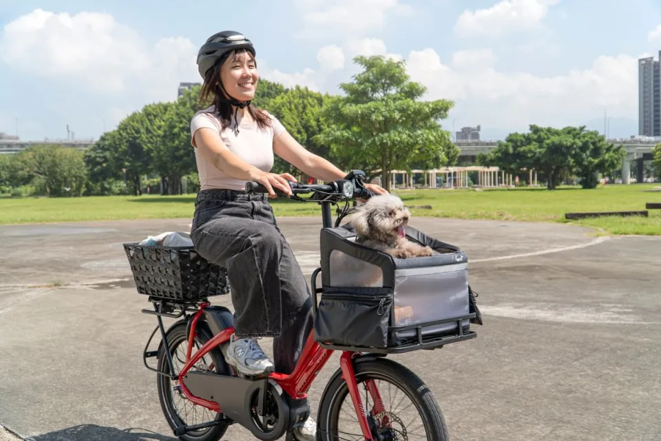 A young woman riding an electric cargo bike with a small dog secured in a front-mounted pet carrier.